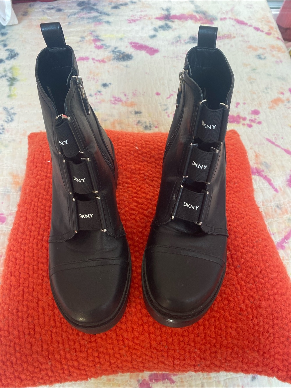 DKNY Black Leather Ankle Booties with Logo Elastic Straps Size 8.5